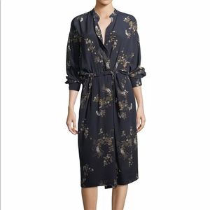 Vince Drawstring Spaced Floral Silk Shirt Dress
